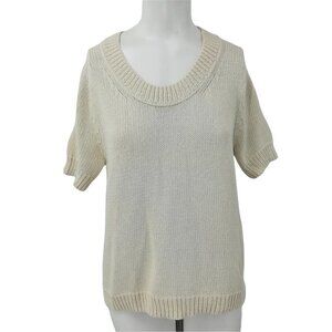 Lands End Canvas Cream Sweater Size M Preppy Ribbed Cable Short Sleeve Classic
